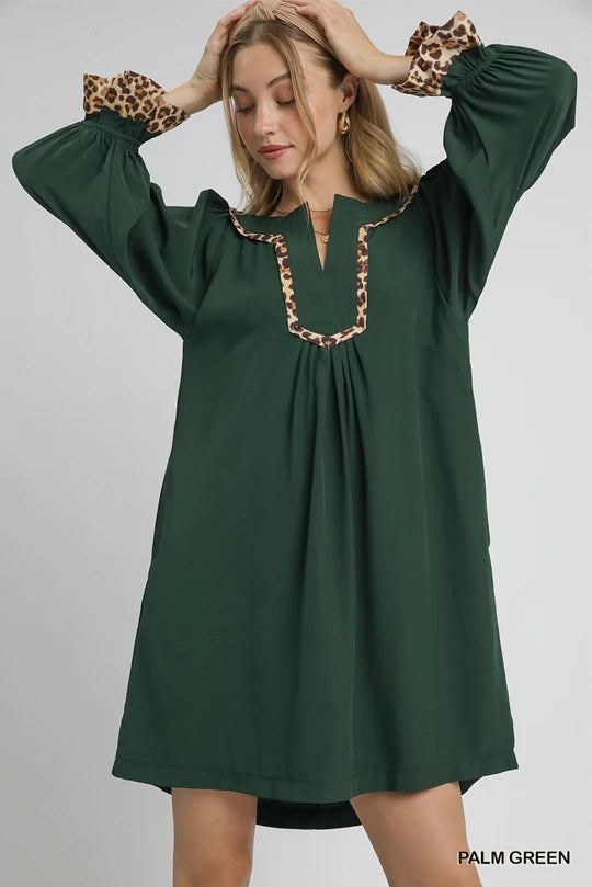 Palm green long sleeve dress with cheetah print detailing around neck and sleeves 