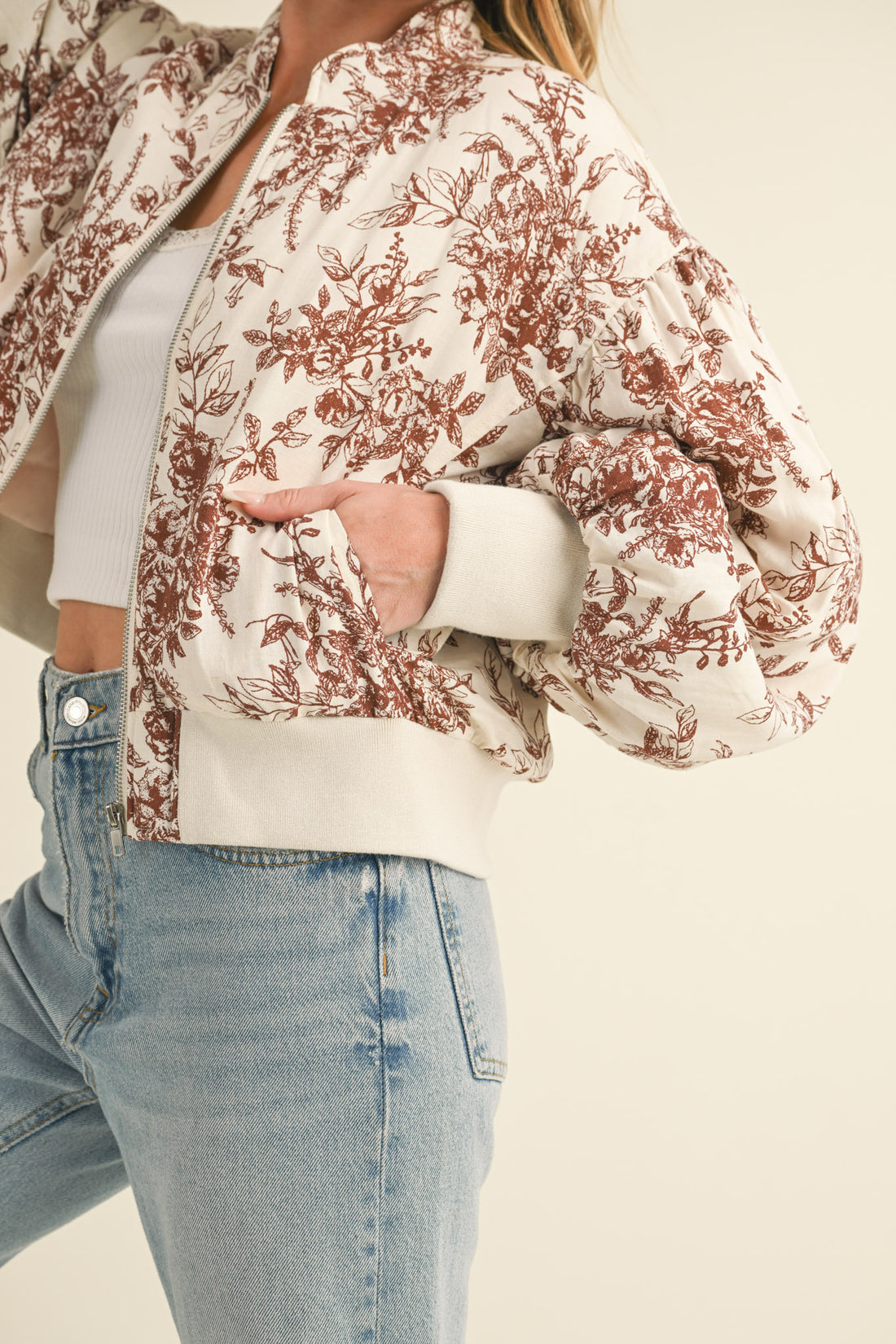 champagne and brown floral bomber jacket