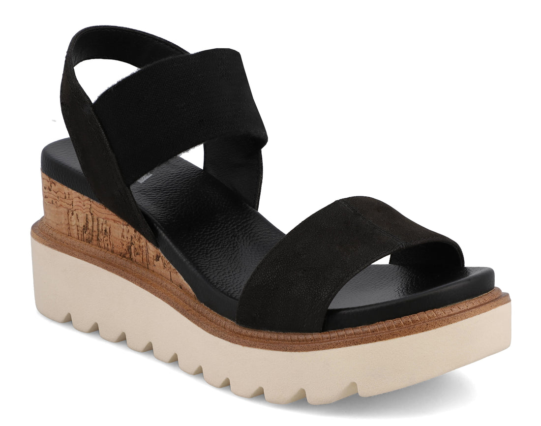 Black sandals, with a single strap across the vamp and a strap around ankle