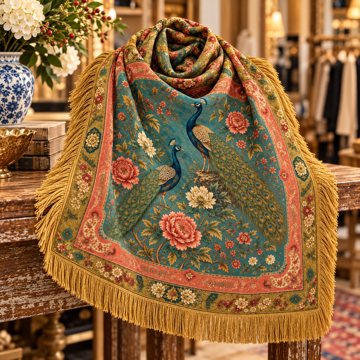 Peacock Garden Fringe Scarf Swan Madchen