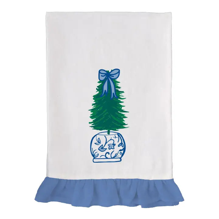White Tea towel with blue ruffle and embroidered Giner Jar with Christmas Tree.