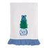 White Tea towel with blue ruffle and embroidered Giner Jar with Christmas Tree.
