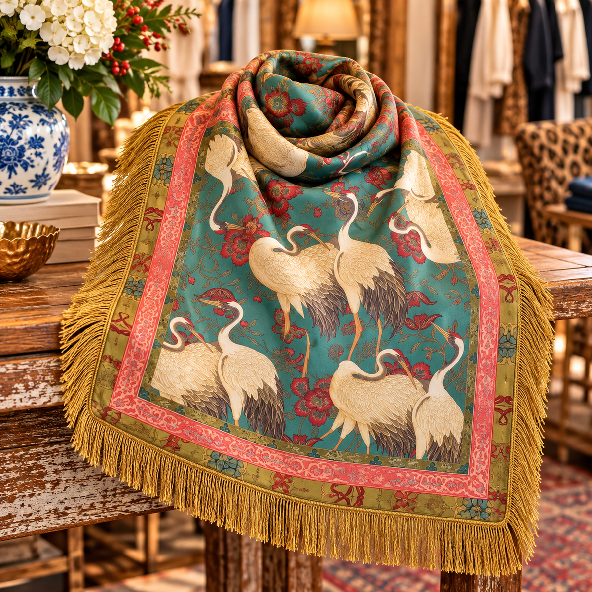 Crimson Crane Fringe Scarf Swan Madchen