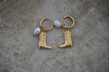 Plated Stainless-Steel cowboy boot charm paired with elegant pearl charms on delicate gold hoops