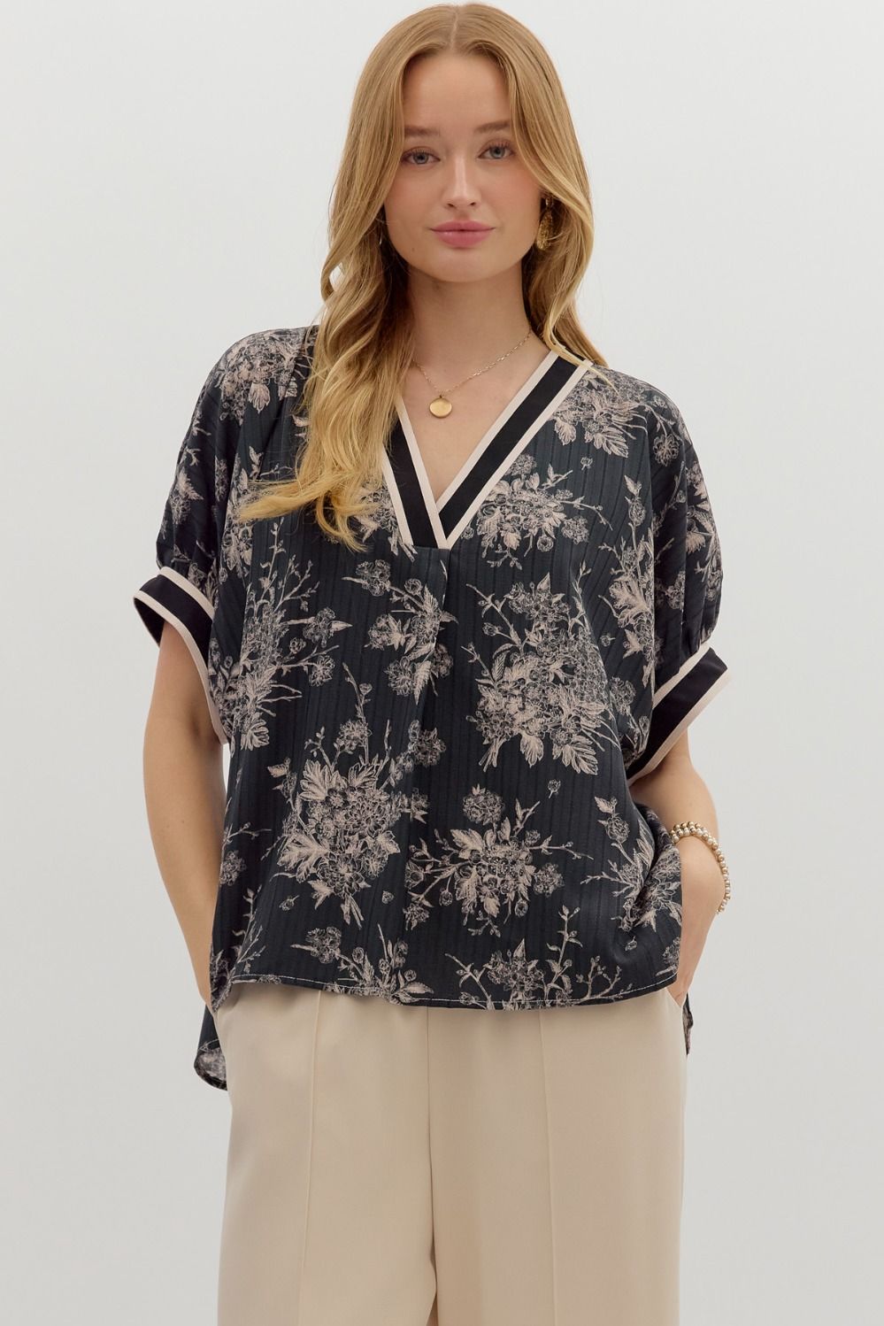 Black V Neck floral transition fall Blouse Top