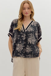 Black V Neck floral transition fall Blouse Top