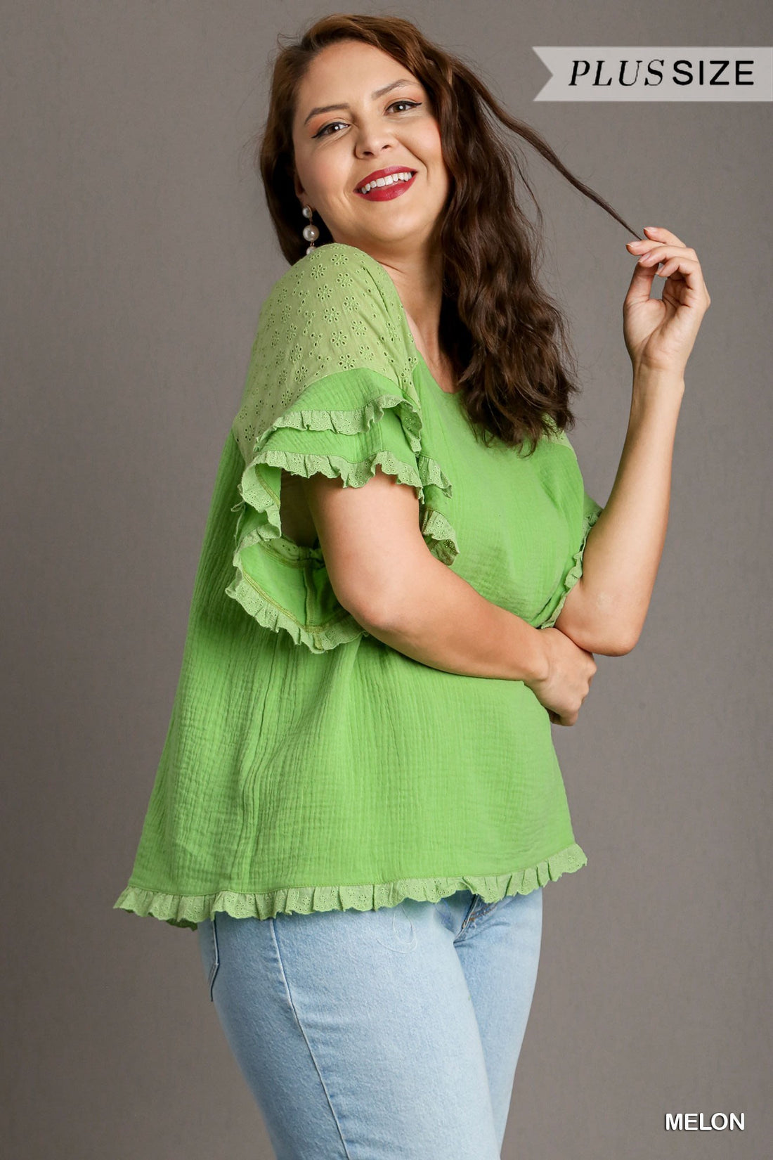 Cotton Gauze Round Neck Boxy Cut Top featuring quirky Ruffle Eyelet Layered Sleeves