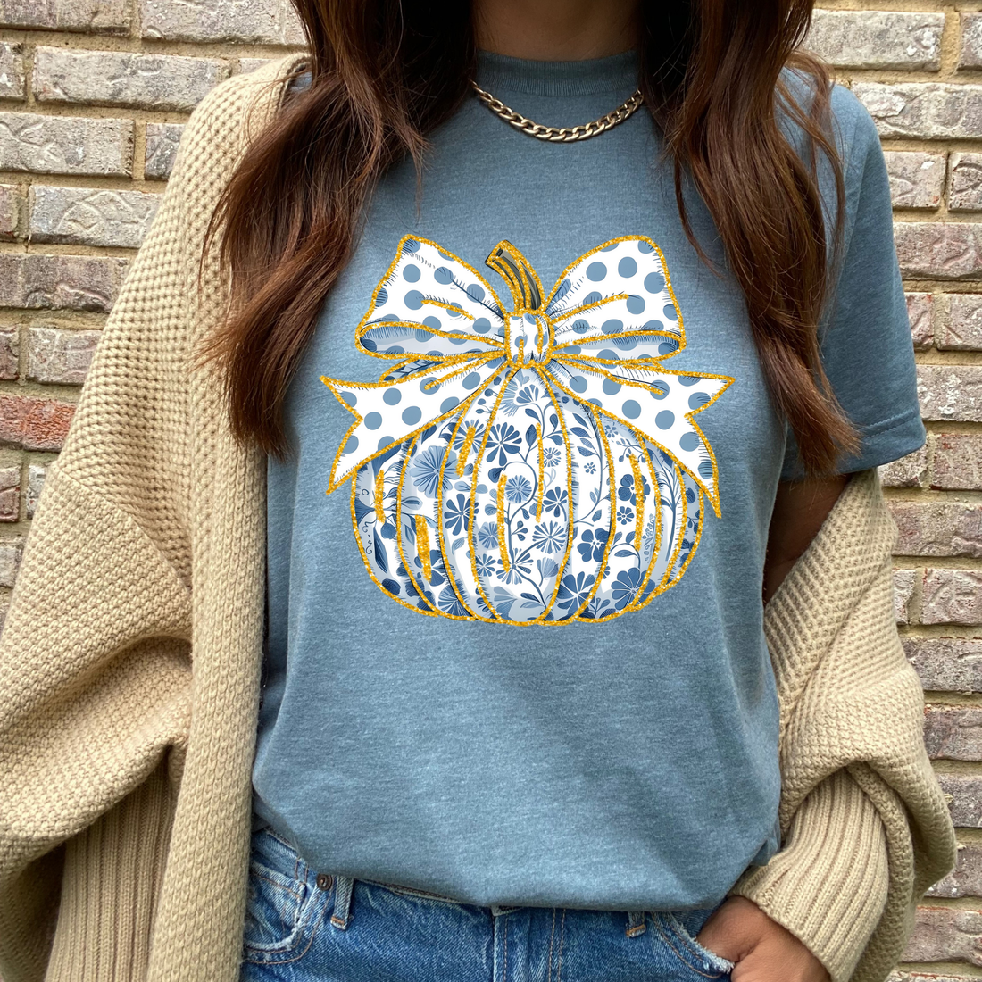 Blue and White Floral Pumpkin Graphic Tee Dixie Grace Mercantile