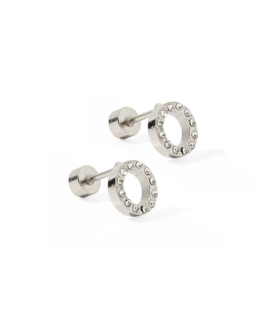 Silver crystal open circle stud earrings 