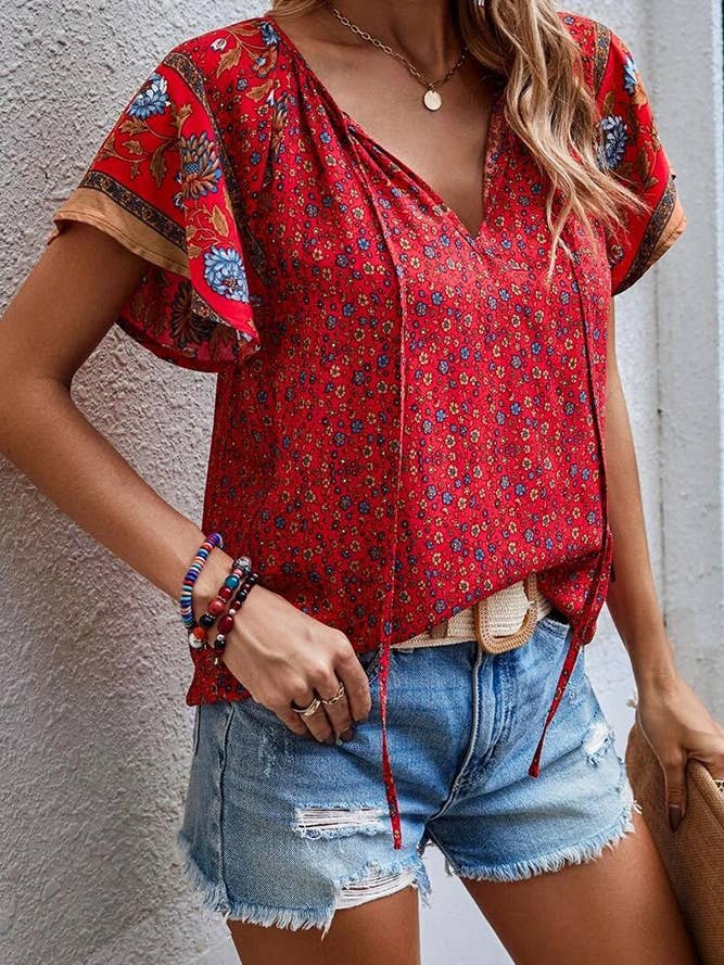 Boho print Split V Neck top, featuring flared sleeves