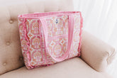 Pink large quilted ruffle tote bag 