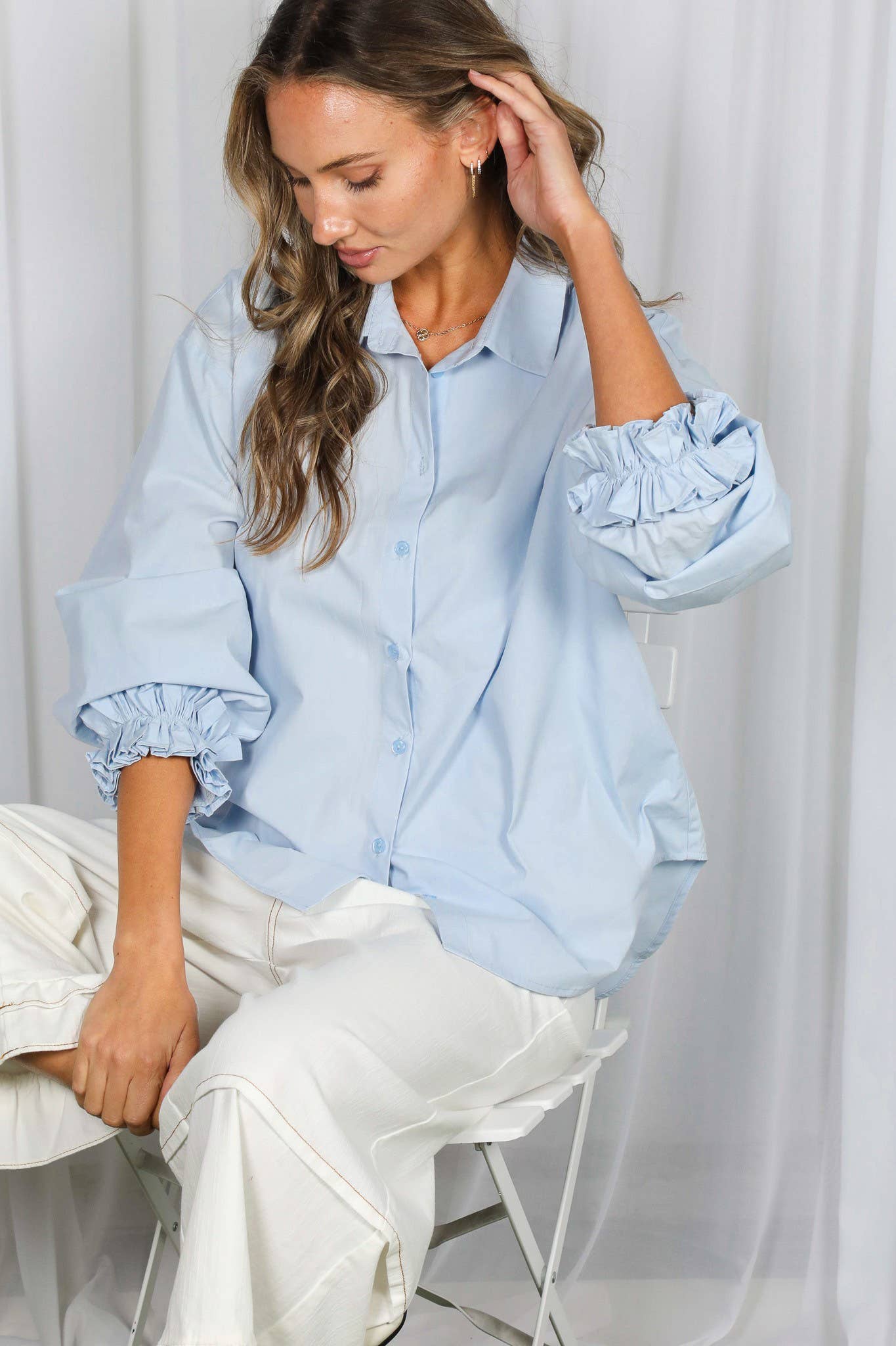 Ruffled Cuffs Accent Oversized 100%Cotton Shirt Top VT83256 Vine &amp; Love