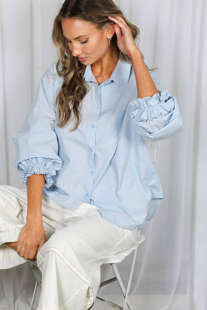 Ruffled Cuffs Accent Oversized 100%Cotton Shirt Top VT83256 Vine &amp; Love