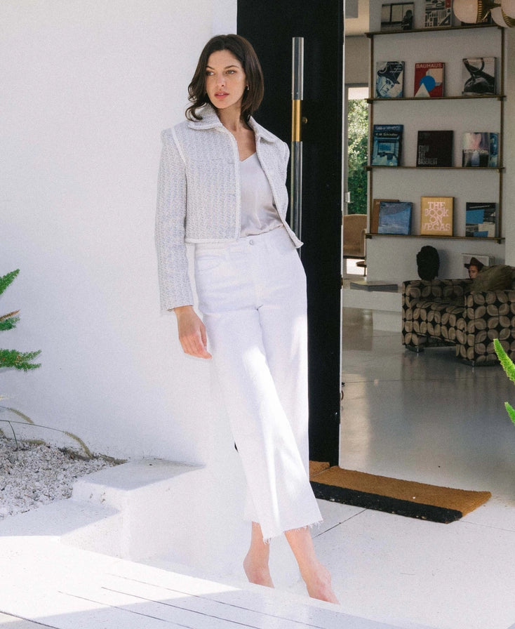 White high-rise clean cut raw hem crop wide leg Jeans