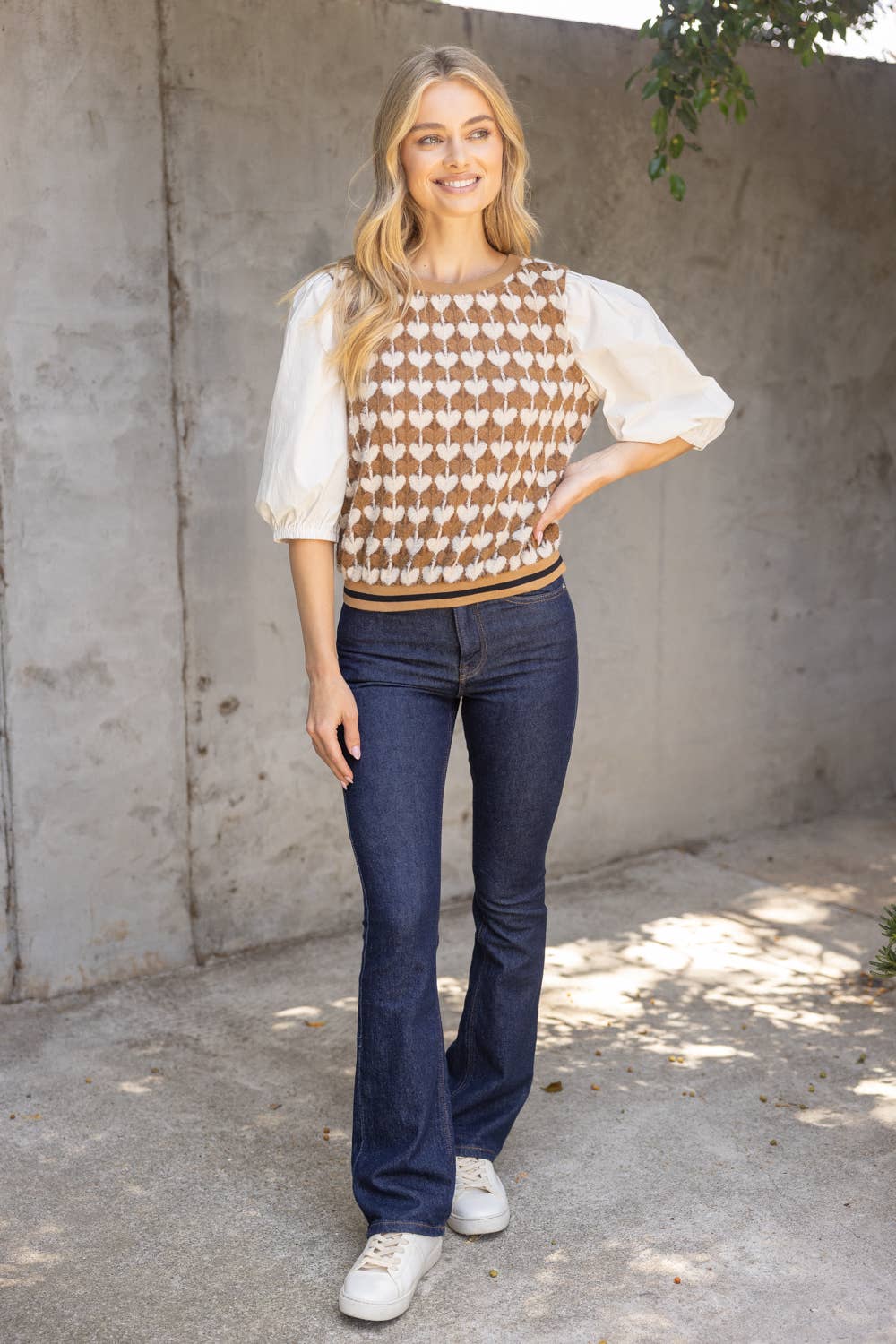  Heart Print Vest with Solid Quarter Sleeve Top