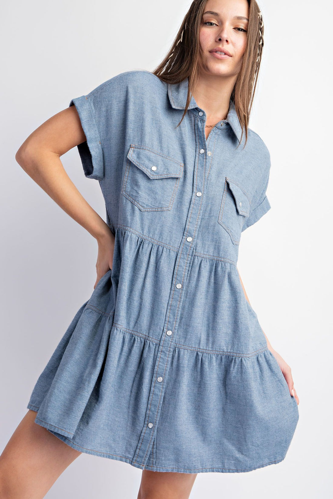 Short sleeve button-down denim dress