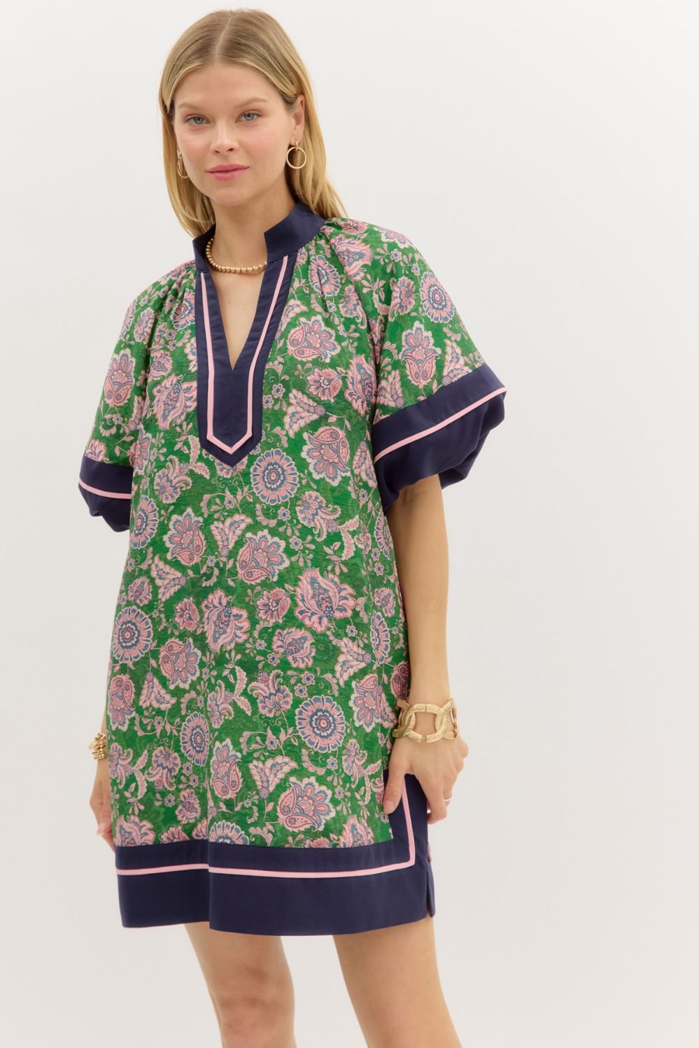 Green and Pink floral mini dress with navy trim.