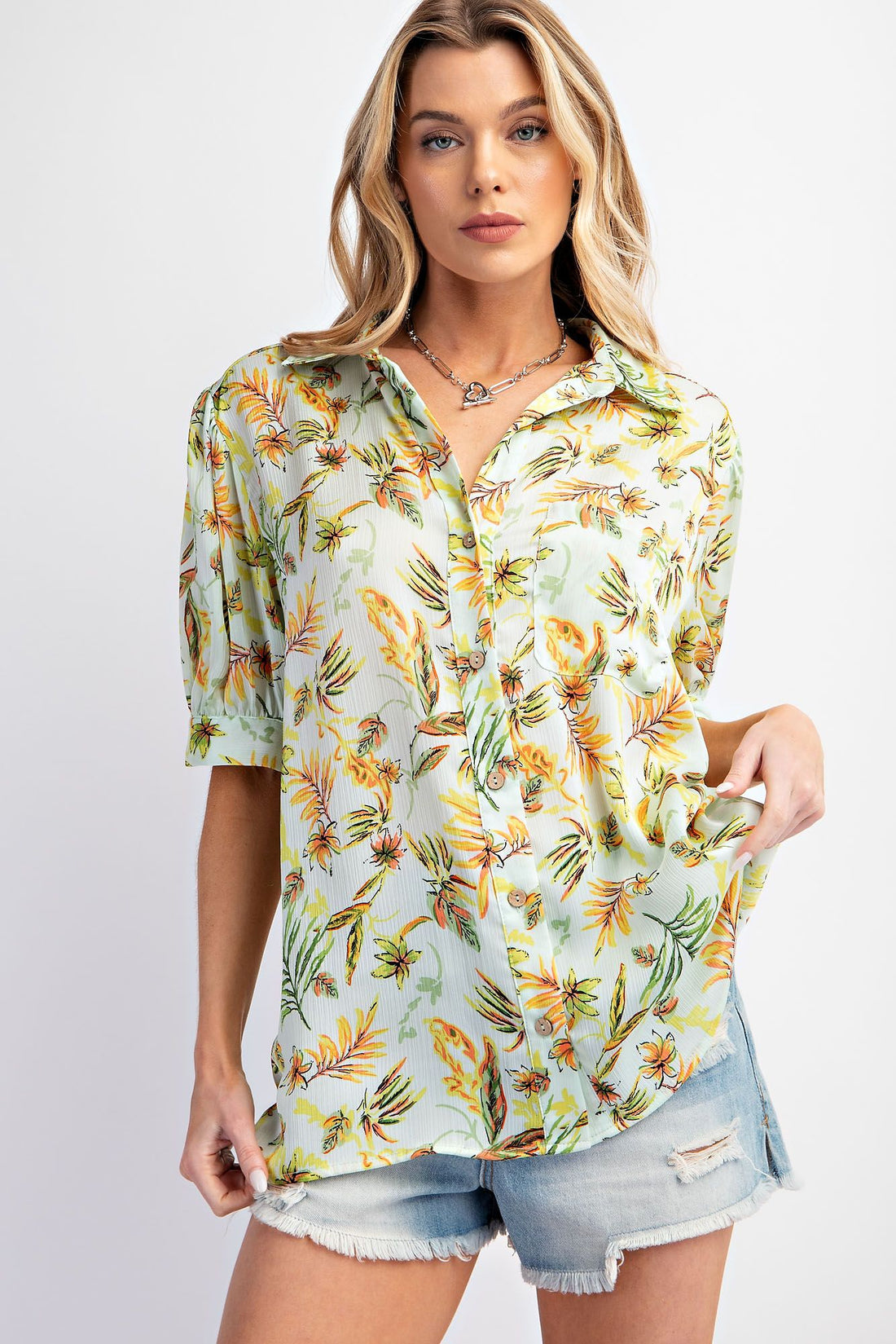 Tropical print button down top