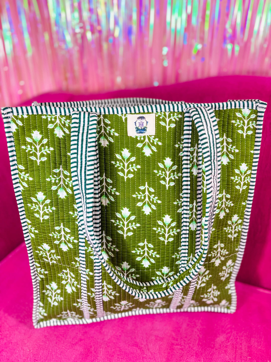 Green floral quilted tote bag