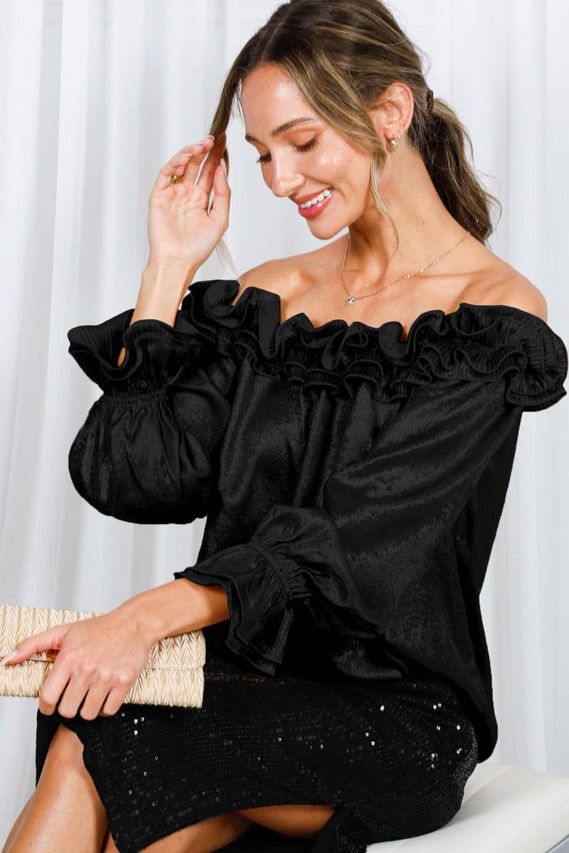Pleated Ruffle Off-The-Shoulder Metallic Blouse VT60262B - Vine &amp; Love