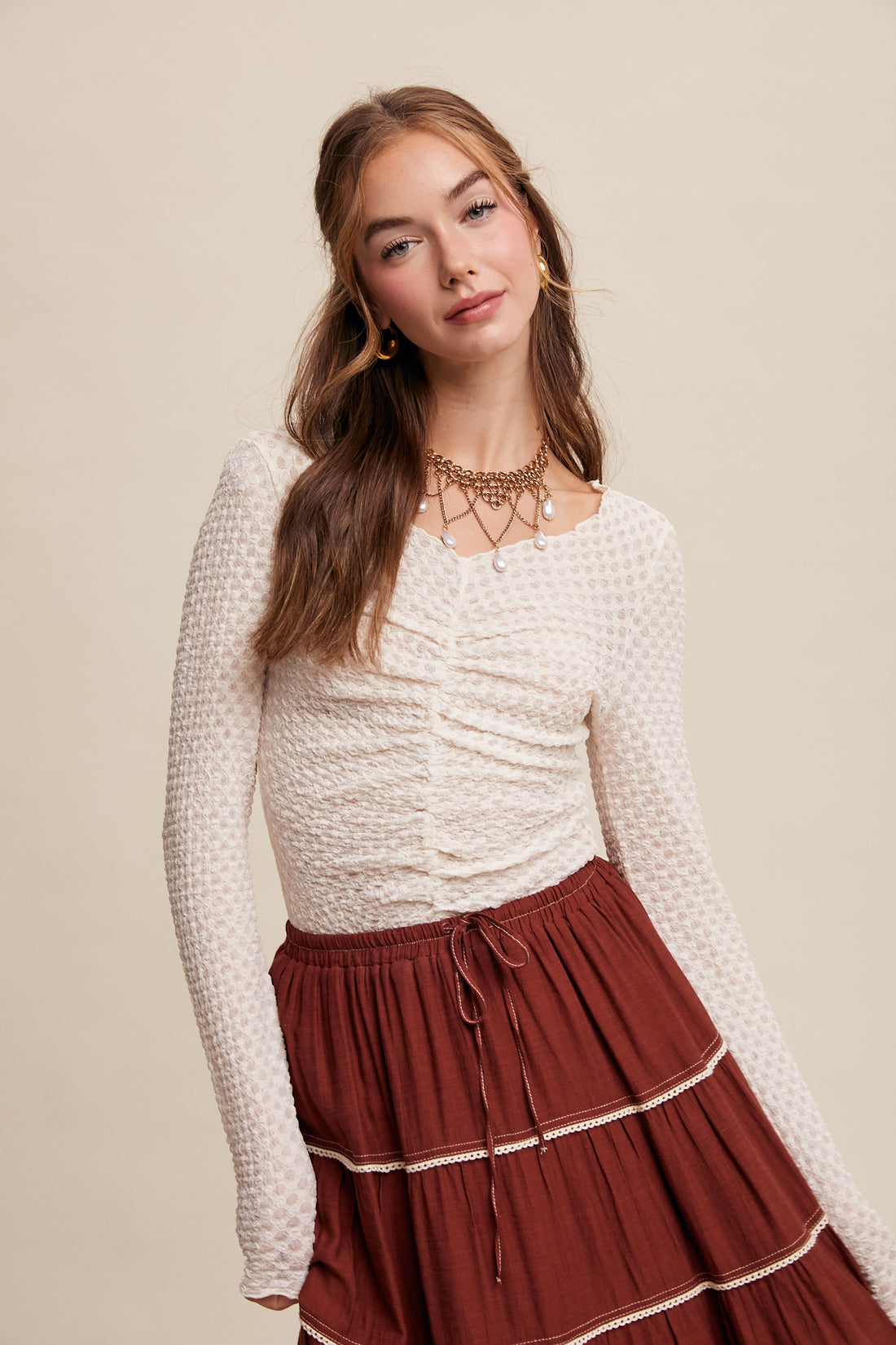 Textured Elegance Long Sleeve top-pink and cream