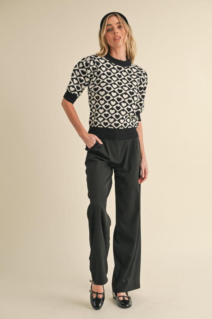 checkered heart pattern mock neck sweater